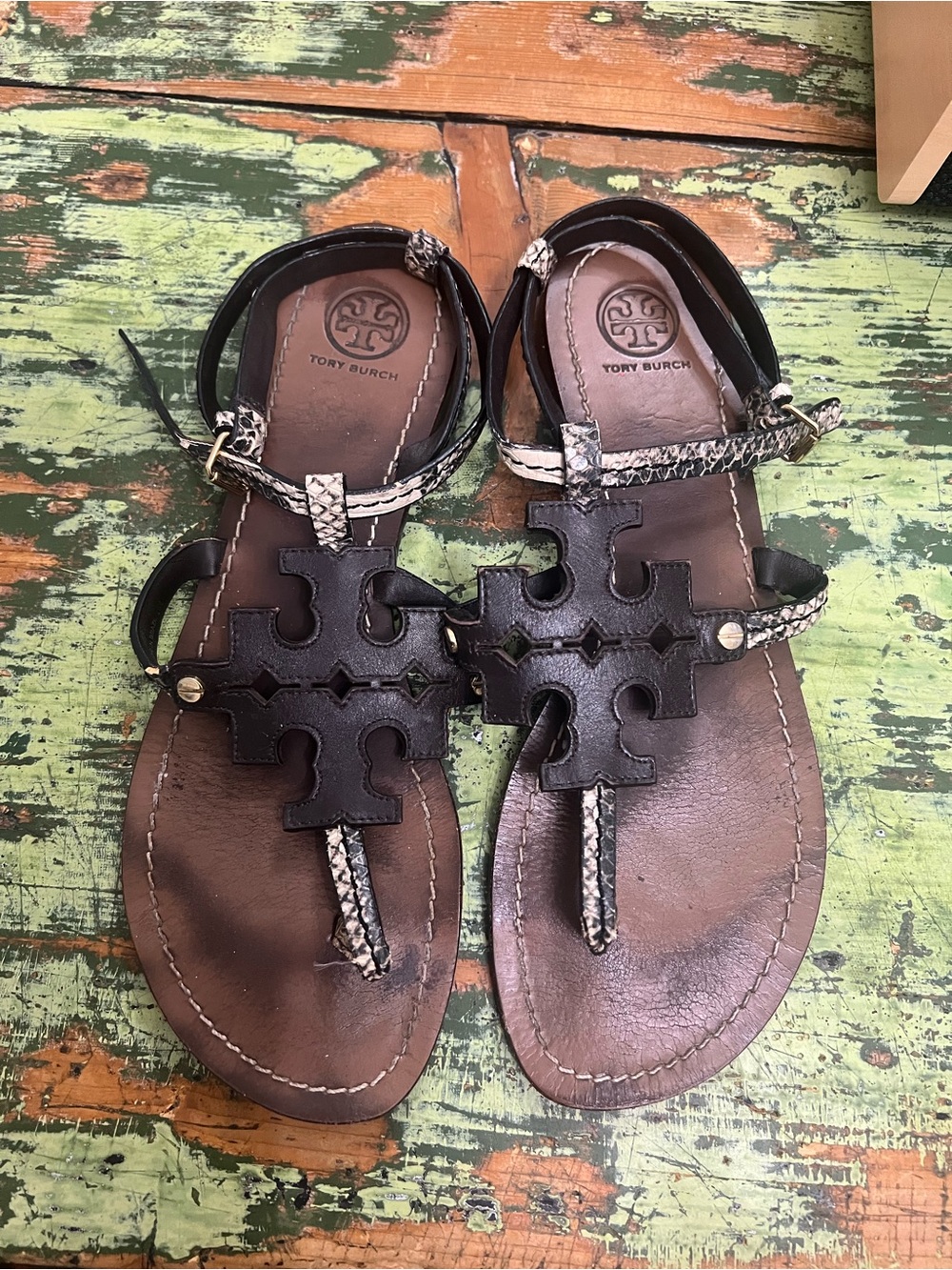 Tory Burch Black Leather Logo Thong Sandals with Snake-Print Straps